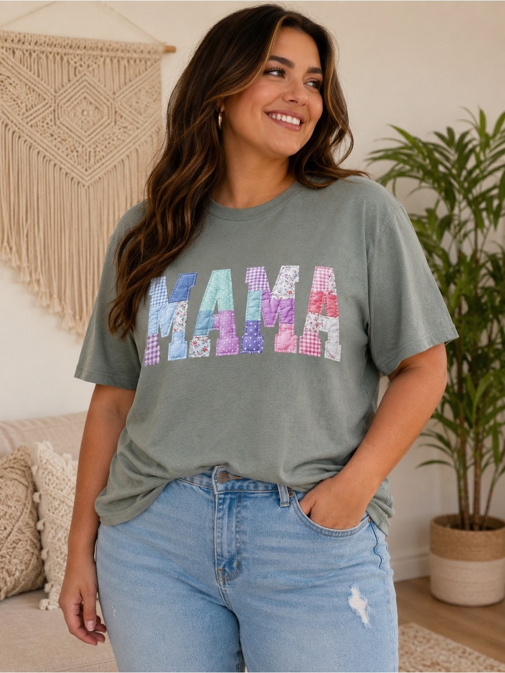 Mama Graphic Tee Medium Sage Green Boutique Boho Mom Shirt Handmade Gift - Picture 2 of 8